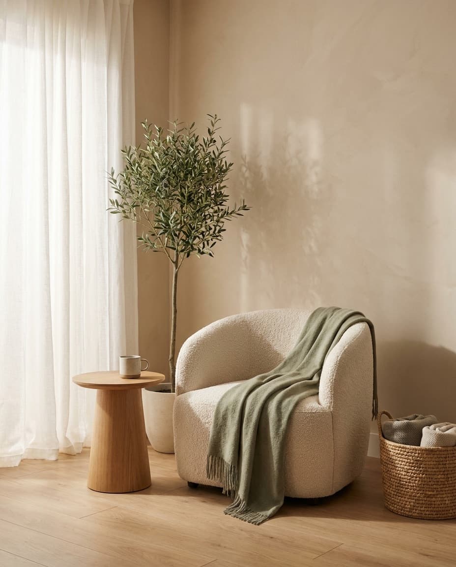 A calm, uncluttered reading corner with an armchair and olive tree